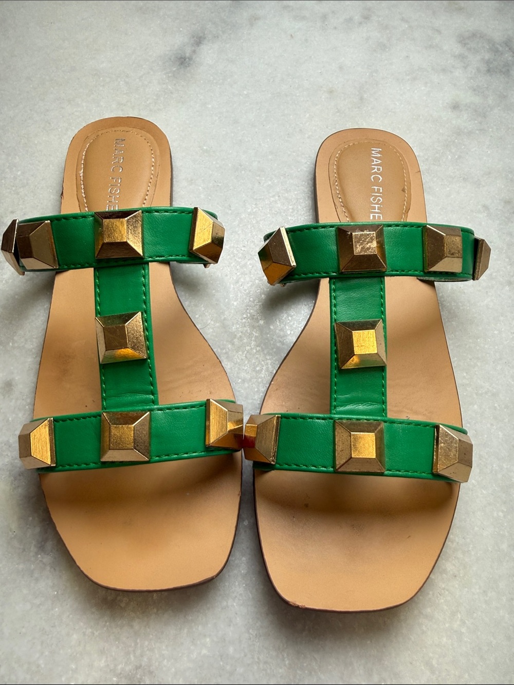 Marc Fisher Green Leather Slide Sandals with Gold Studs